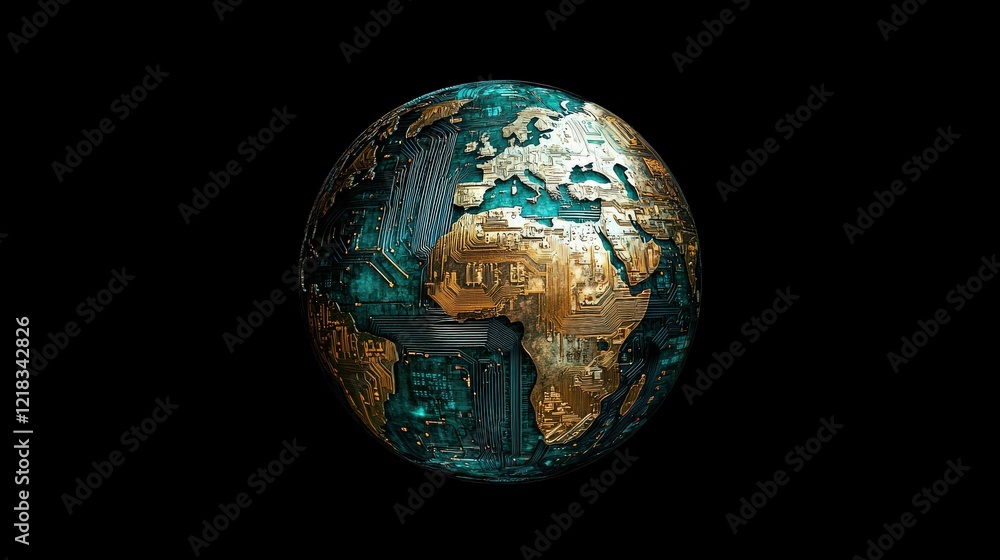 Aufkleber Futuristic Globe in Metallic Texture with Circuitry Design, Representing Technology Integration and Global Connectivity, Symbolizing Innovation and Digital Transformation