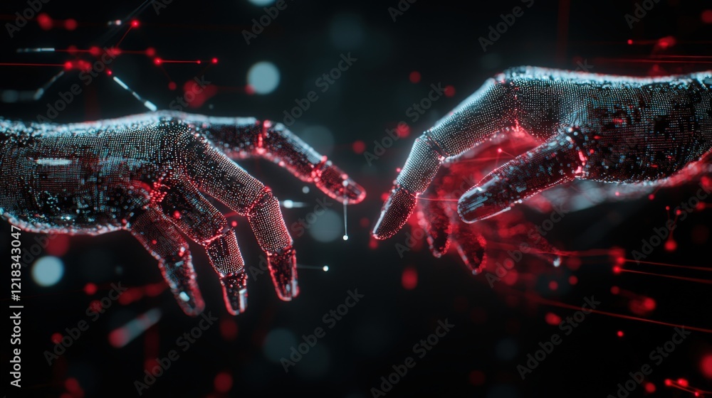 Aufkleber Futuristic Digital Interaction Between Two Robotic Hands Surrounded by Abstract Data Connections and Glowing Particles in a Cybernetic Environment