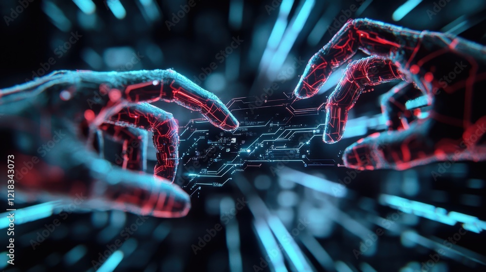 Aufkleber futuristic hands reaching towards each other in a digital environment with neon-like effects represe