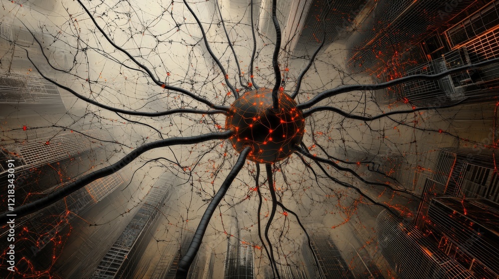 Poster intricate network of neurons connecting through urban landscape, symbolizing modern technology and c
