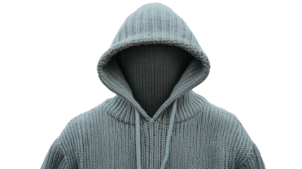 A gray hooded sweater on a white isolated background, perfect for fashion or clothing designs.