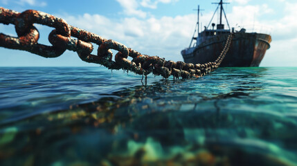 Naklejka premium long rusted chain emerges from clear sea water, leading to shipwreck in distance. scene evokes sense of mystery and adventure, with vibrant colors and textures