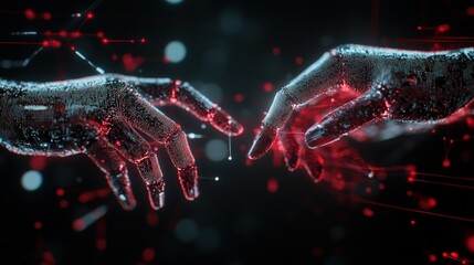 Futuristic Digital Interaction Between Two Robotic Hands Surrounded by Abstract Data Connections and Glowing Particles in a Cybernetic Environment