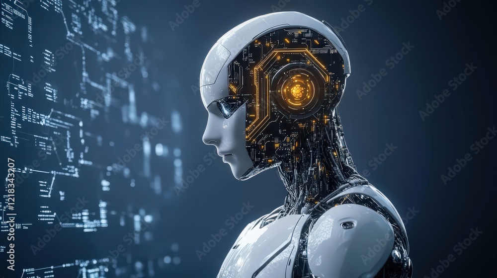Poster Futuristic humanoid robot with illuminated circuitry details against a dark digital backdrop, symbolizing advanced technology and artificial intelligence in modern design