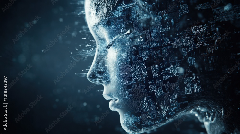 Aufkleber Abstract representation of a human face blended with digital circuits and glowing binary code, symbolizing artificial intelligence and technological innovation in the modern world.