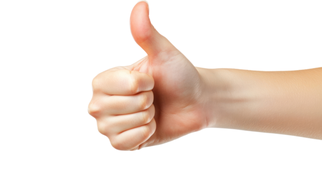 A hand giving a thumbs up gesture, symbolizing approval and positivity on a white isolated background.