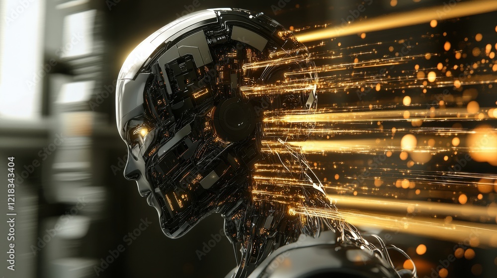 Poster Futuristic Robot Head with Glowing Circuitry and Dynamic Light Effects Representing Advanced Technology and AI Innovations in a Science Fiction Setting