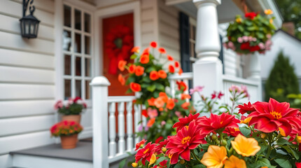 Fototapeta premium Charming Red Door Home with Vibrant Flower Planters and White Porch. A picturesque scene of a cozy house exterior with blooming flowers adding to its curb appeal.
