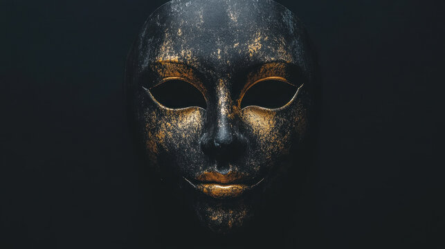 dark mask with gold accents symbolizes dissimulation and hypocrisy, evoking sense of mystery and intrigue. intricate details highlight contrast between light and shadow