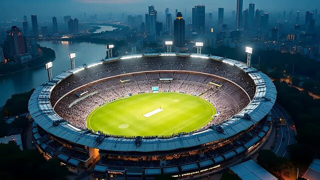 A cricket stadium with lights on at night with city buildings in the background