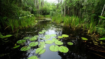 Background with swamp or pond in jungle forest. Wetland landscape with trees, green grass, bushes and lake with water lily leaves, cattails, vector cartoon illustration