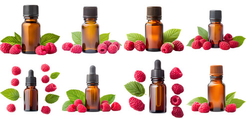 Obraz premium Collection of various a small amber glass bottle labeled 'Raspberry Essential Oil, with fresh raspberries and leaves surrounding it isolated on white transparent background PNG set