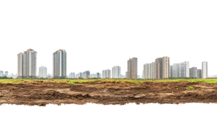 A panoramic view of a city skyline featuring modern skyscrapers on a muddy ground, symbolizing urban development and construction.