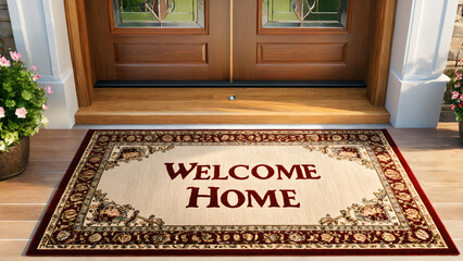 Welcome home. Doormat with welcome sign on the front door. Home sweet home.
