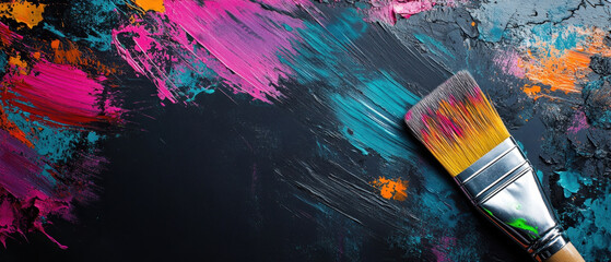 Obraz premium vibrant paintbrush rests on colorful abstract background, showcasing mix of bright hues like pink, blue, and orange. This captures essence of creativity and artistic expression