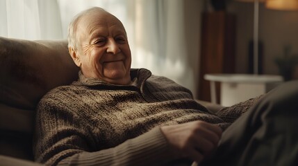 happy elderly man relaxing on couch at home