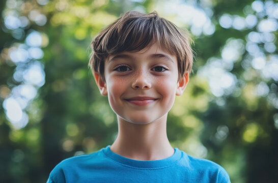 cheerful boy around 8 9 years old smiles warmly in natural outdoor setting, surrounded by greenery. His short brown hair and blue shirt complement vibrant background