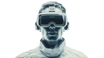 A person wearing virtual reality goggles, immersed in a futuristic technological experience, showcasing innovation and digital exploration.