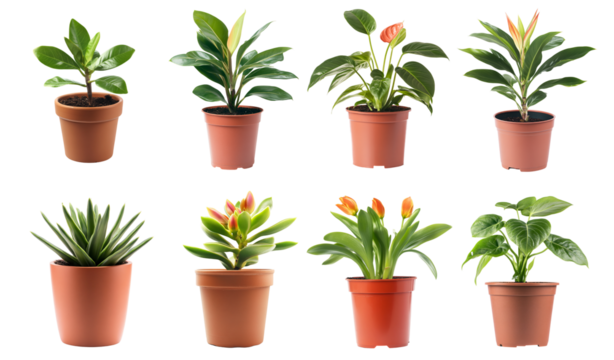 Collection of various eight different potted plants, each placed in a simple terracotta pot. The plants vary in size, shape, and foliage isolated on white transparent background PNG set
