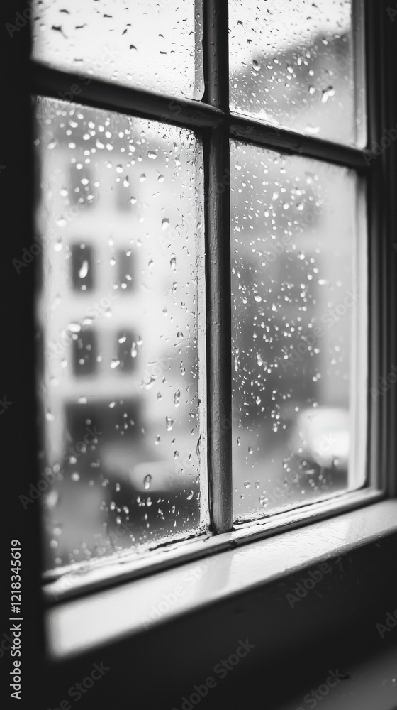 Poster raindrops cling to a windowpane, creating a dreamy atmosphere as the blurred outlines of buildings f
