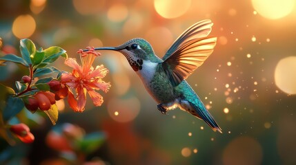 Fototapeta premium Hummingbird in Flight, Nectar at Sunset