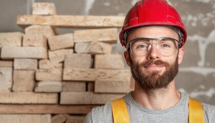 Construction worker smiling amidst wood planks workshop portrait indoor close-up professionalism