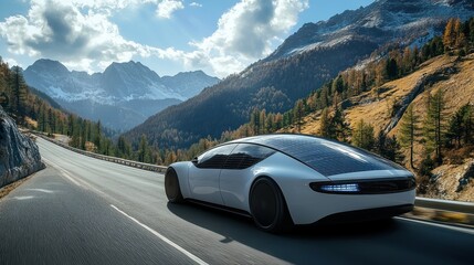 Fototapeta premium A dynamic view of a hydrogen car with retractable solar panels, capturing sunlight on a mountain road
