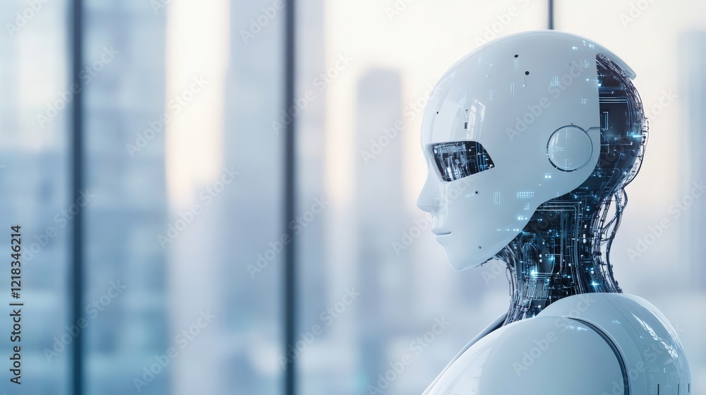 Aufkleber futuristic humanoid robot with digital circuitry, standing in a modern office environment, showcasin