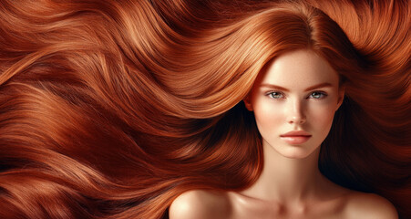 Obraz premium young woman with long, flowing red hair poses gracefully, showcasing her natural beauty and radiant skin. vibrant hair cascades around her, creating stunning visual impact