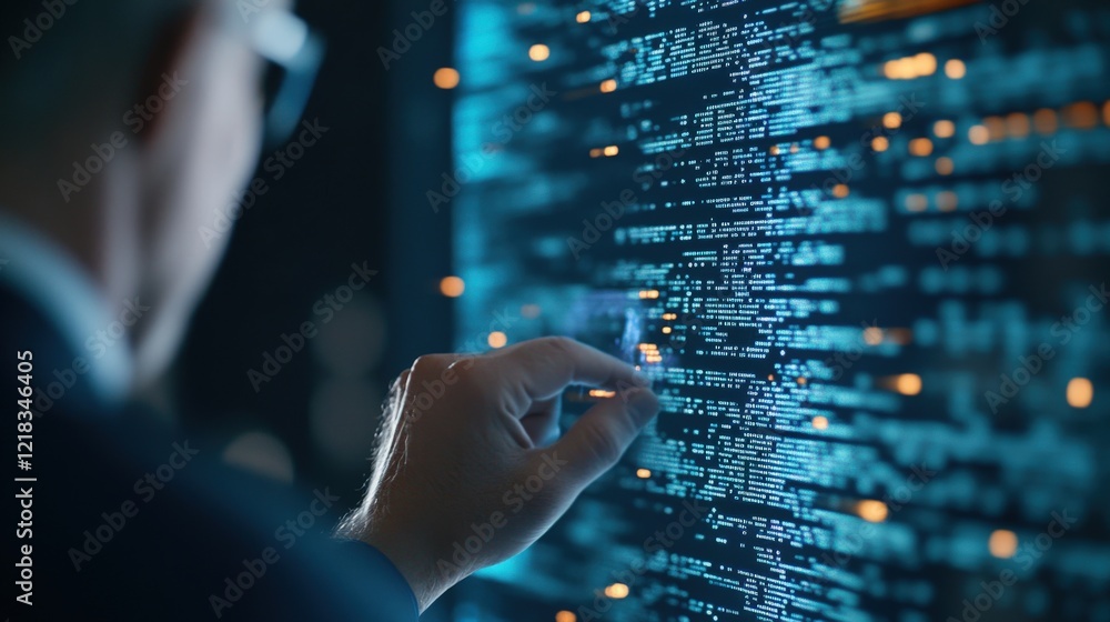 Aufkleber person interacting with digital data visualization, analyzing information on screen with blue codes 