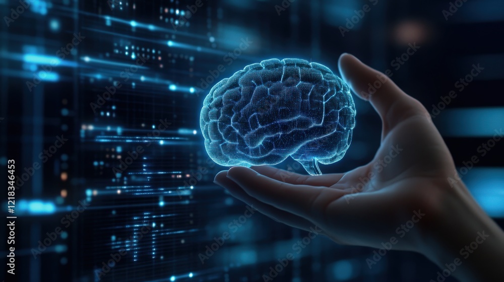 Poster futuristic concept of artificial intelligence represented by a holographic brain held by a human han