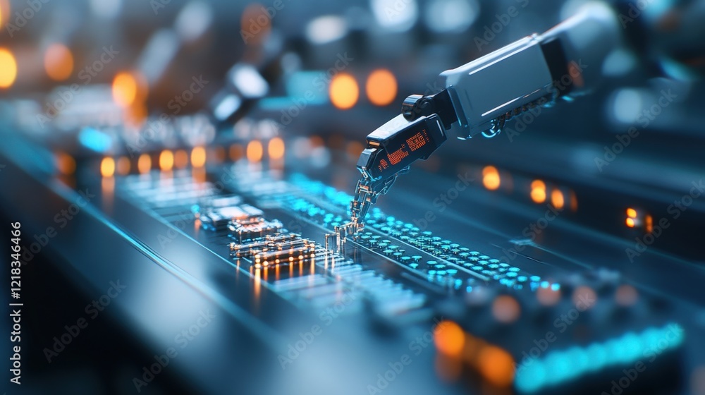 Poster Advanced Robotic Arm Operating on a High-Tech Circuit Board in a Futuristic Laboratory Setting with Glowing Elements and Intricate Details