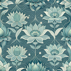 Seamless Teal Blue Floral Pattern with White Flowers.