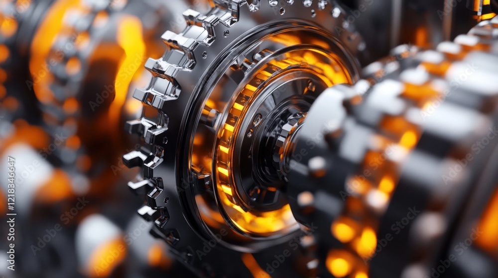 Poster Close-up View of Detailed Mechanical Gears with Orange Lighting in a High-Tech Environment, Highlighting Precision Engineering and Industrial Design Elements