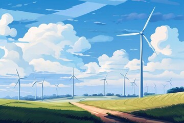 Wind energy. Wind turbine in the green field on the background of the blue sky. Generative AI