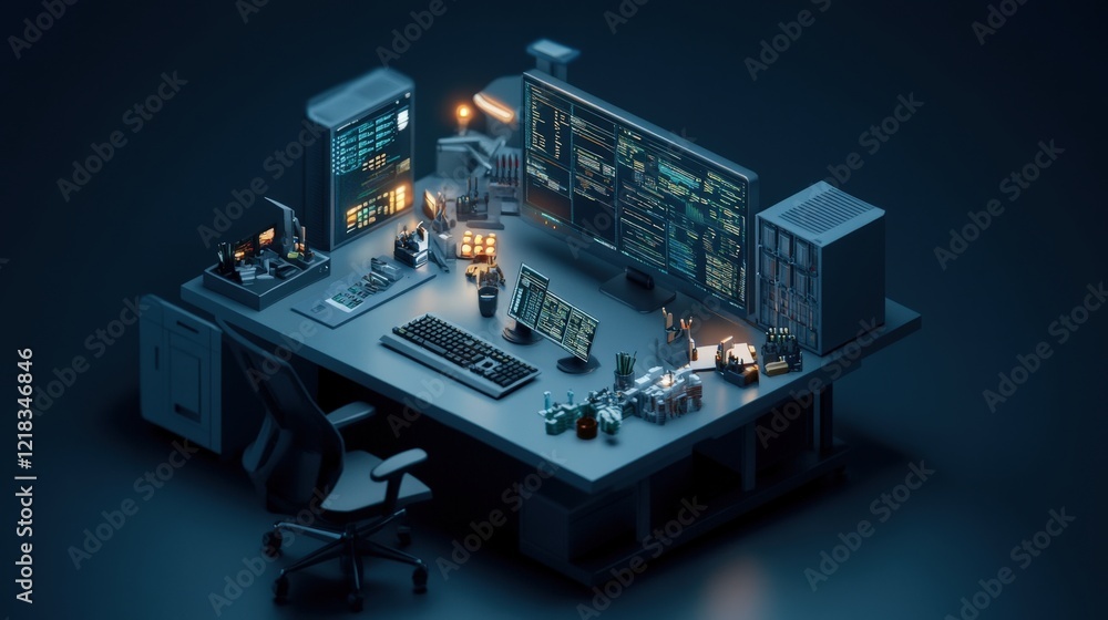 Aufkleber Modern workspace with multiple monitors, showcasing advanced technology, digital interface, coding screens, and futuristic design for tech enthusiasts and professionals