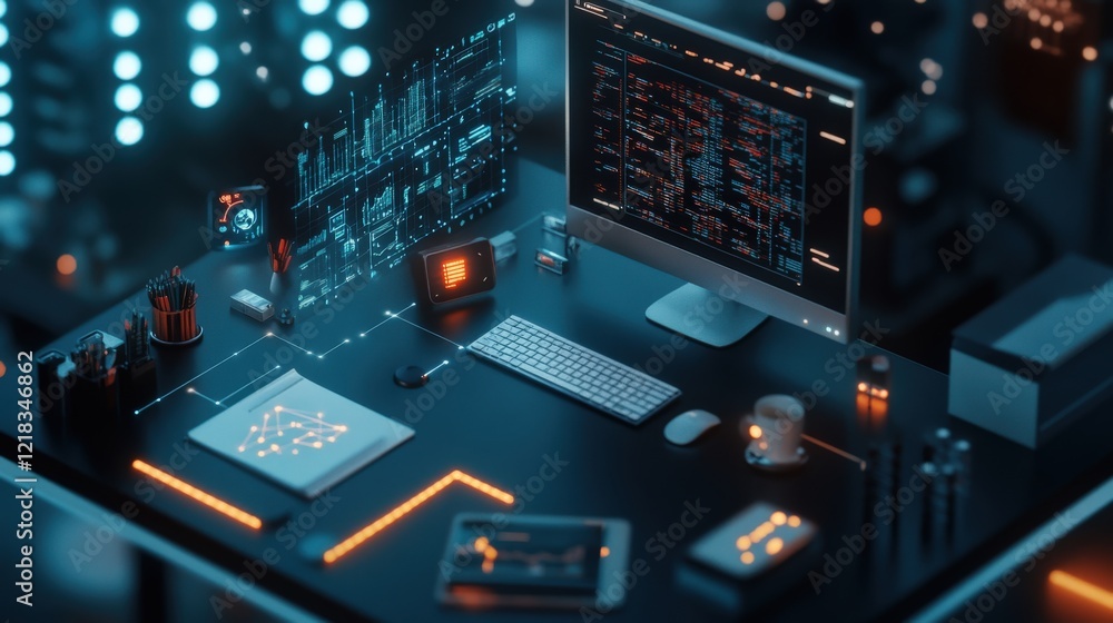 Poster Modern Workspace with Computer Monitor Showing Data Analytics, Creative Supplies, and Futuristic Technology Elements for Digital Professionals
