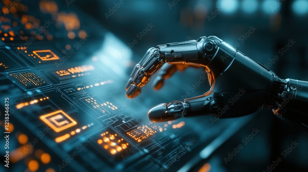 Poster futuristic robotic hand interacting with advanced digital interface showcasing vibrant neon circuits