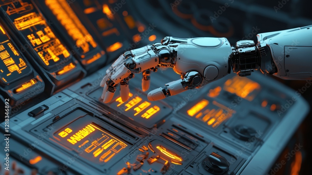 Poster Futuristic Robot Hand Interacting with High-Tech Control Panel in a Science Fiction Environment with Glowing Orange Interfaces and Complex Machinery