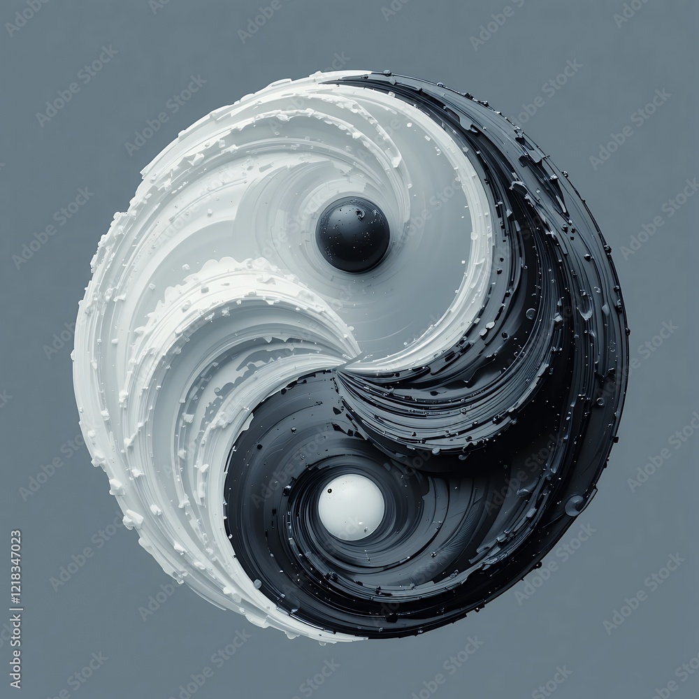 Poster yin and yang symbol textured sphere on solid grey background minimalist design