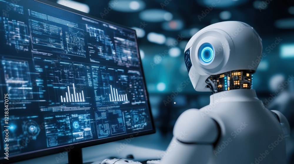 Aufkleber Advanced Robot Analyzing Digital Data on Computer Screen in High-Tech Environment with Graphs and Metrics for Artificial Intelligence and Data Science Applications
