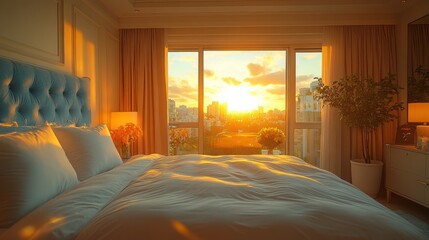 Sunrise view from a luxurious bedroom with a large window, showcasing a cityscape and warm sunlight illuminating the bed and room.