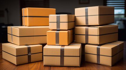 Many cardboard boxes. Delivery boxes in a pile. Generative AI