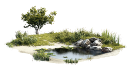 A serene natural pond surrounded by lush greenery, rocks, and a small tree, perfect for nature lovers and peaceful landscapes.