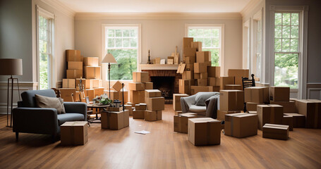 Moving day. Cardboard boxes in the room. Moving to another house or apartment. Generative AI