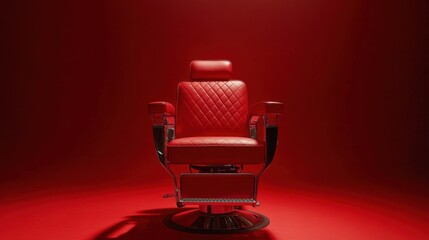 Fototapeta premium A vibrant red leather barber chair against a complementary color backdrop that makes the seat pop