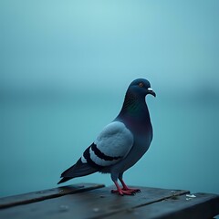 A pigeon with a multicolored plumage perches on a weathered wooden surface, its gaze directed to the left, against a backdrop of a hazy blue sky.