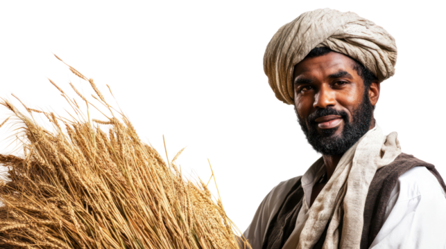 A smiling man holding a bundle of wheat, dressed in traditional attire, standing with a confident pose against a white isolated background.
