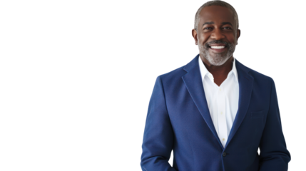 A smiling middle-aged man in a blue suit stands confidently, exuding warmth and professionalism against a white background.