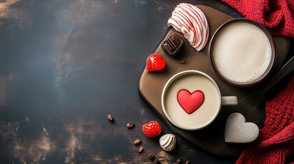 Romantic coffee moment with heart shapes on Valentine's Day, featuring cozy treats and warm drinks.